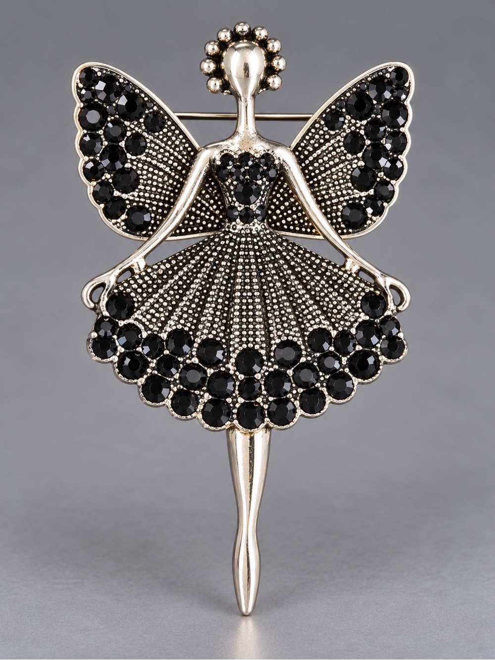 Elegant Gold-Tone Ballerina Brooch with Black Stones